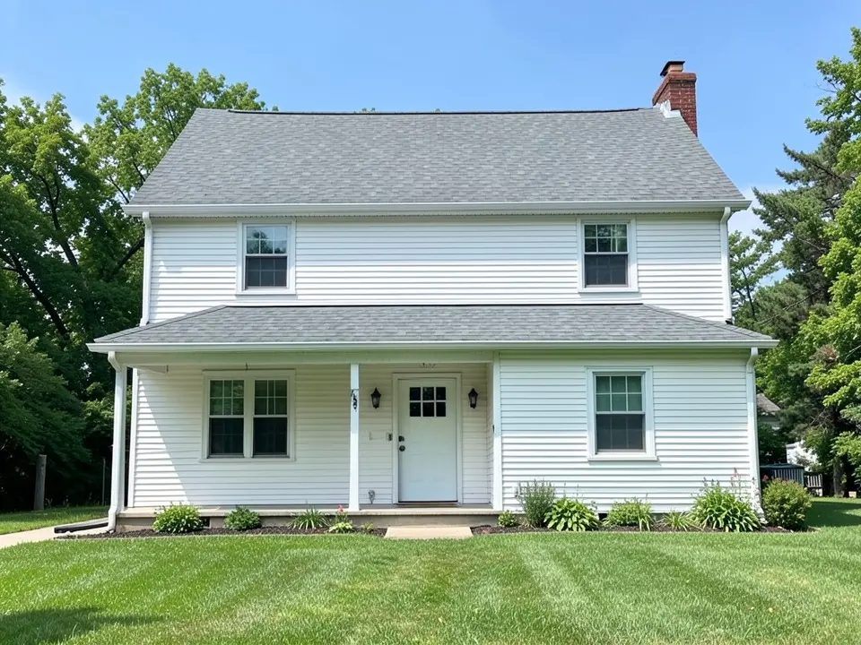 Front of a two-storey white-sided house with a front porch, a plain grey gable roof with a chimney, two upstairs windows and a lawn with planting by the path