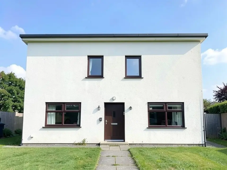 The same house with a flat roof: the walls run straight up to a level roof line finished with a thin dark overhanging edge, the chimney is gone, and the windows, door, lawn and path are unchanged