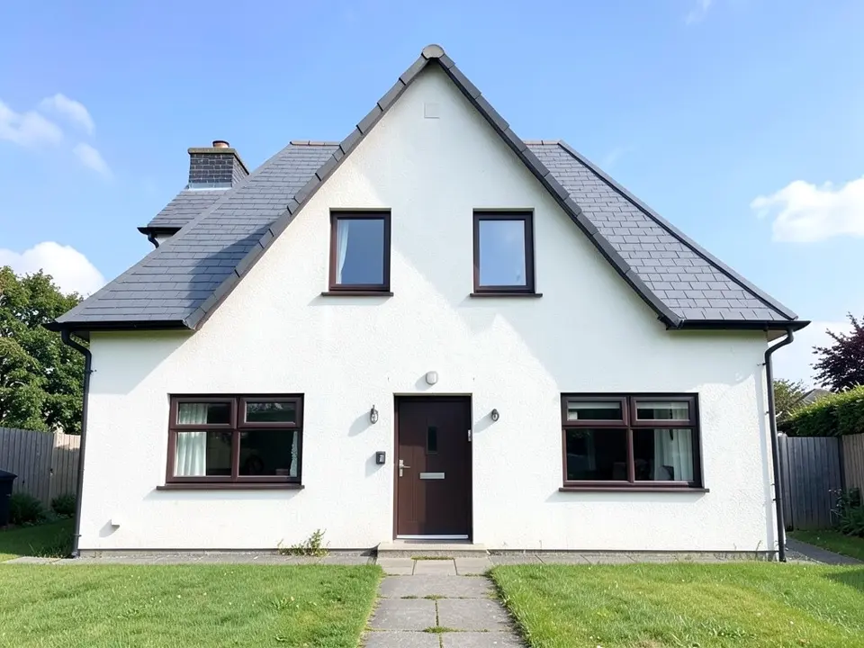 Front of an ordinary two-storey white-rendered house with a steep grey slate gable roof, a chimney on the left, two small upstairs windows, two larger ground-floor windows with dark frames, a dark front door in the middle, a lawn and a stone path