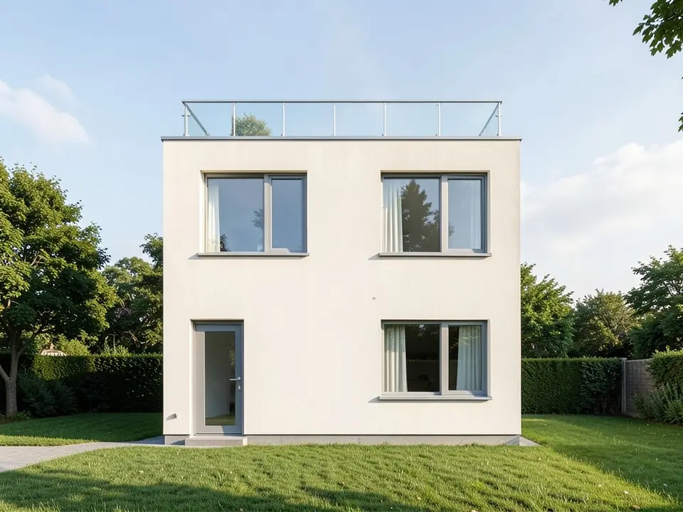 A photo-like render of the same box house in cream render with grey window frames and curtains, a glass railing along the top of the flat roof with a small plant behind it, a grey front door on the left, a lawn and a hedge and trees behind