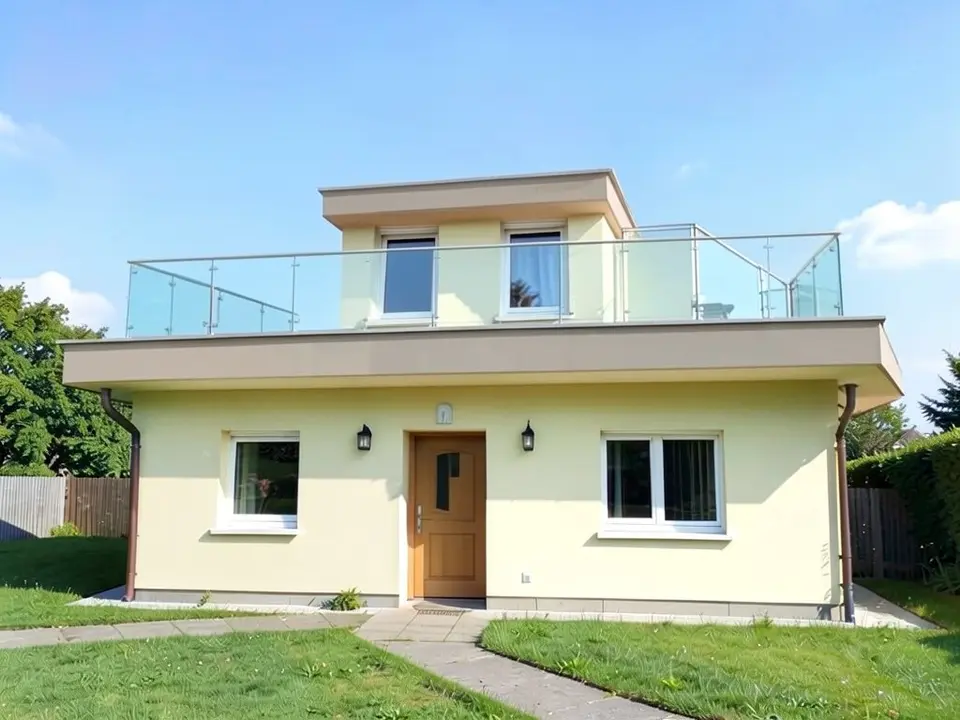 The same house with the tile roof replaced by a flat beige roof slab that overhangs the walls, a glass balustrade along the front of the roof, and a small flat-roofed box with two windows set back on the roof where the dormer was; the ground floor, door, lawn and path unchanged