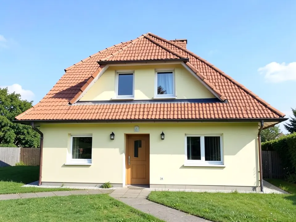 Front of an ordinary house with pale yellow walls and a terracotta-tile hipped roof with a dormer holding two windows, a wooden front door, two white-framed ground-floor windows, a lawn and a path