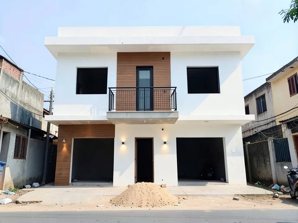 The same shell finished in white plaster, with a wood-clad panel and a tall glass door in the centre of the first floor behind a small balcony with a black railing, wood cladding on the left ground-floor pier and two warm wall lights by the door; the window openings are still empty