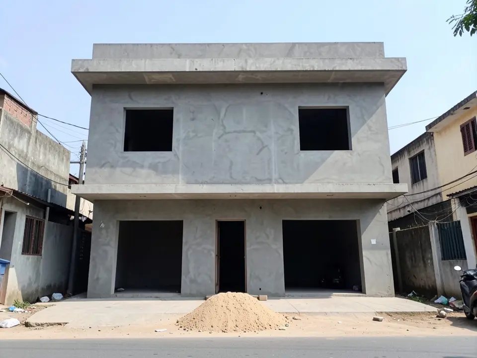 Front of an unfinished two-storey concrete house shell on a city street, with bare grey plaster walls, a flat roof with a low parapet, two empty window openings upstairs, a doorway and two wide car porch openings below, and a heap of sand in front