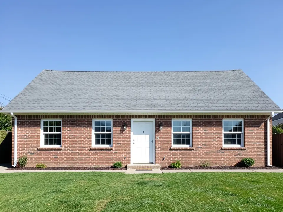 Front of a long single-storey red brick house with a plain grey side-gabled roof, a white front door in the centre and four white-framed windows