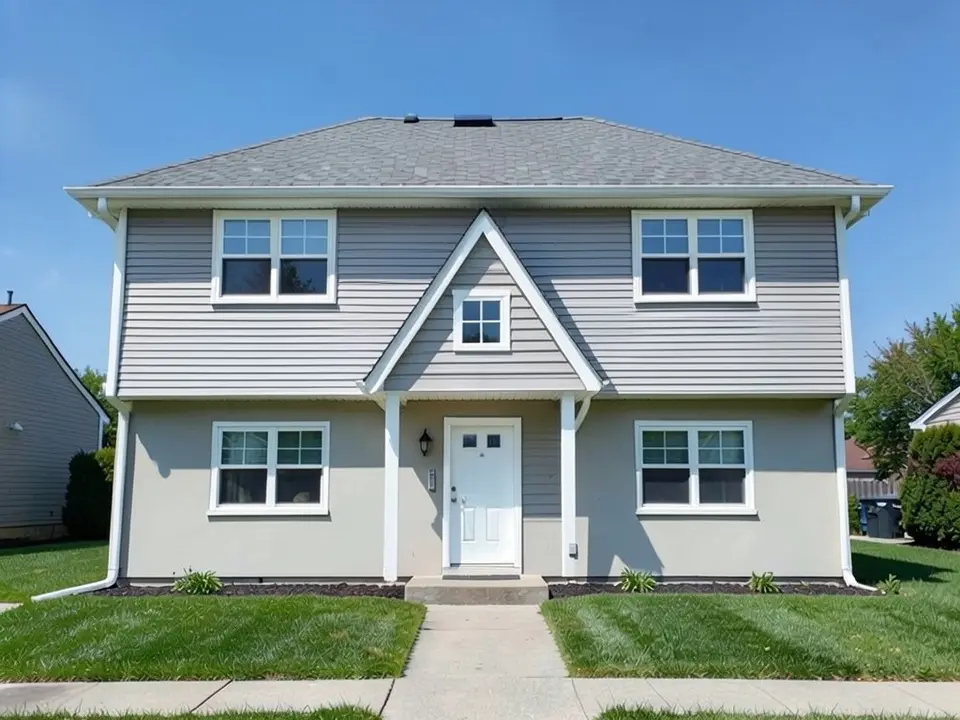 The same house with a steep front-facing gable over the front door with a small white-framed window in it, held on two white posts, and the same hipped roof behind