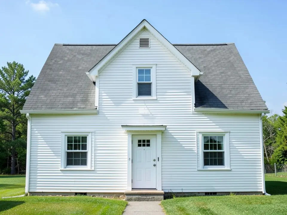 Front of a white clapboard house with a steep grey roof, a front gable with a small window, a white front door and a lawn