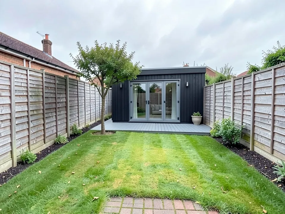 The same garden with a flat-roofed garden room at the far end clad in black vertical boards, grey-framed glazed doors with side panels and a sofa inside, a narrow grey deck, a planter and a wall light