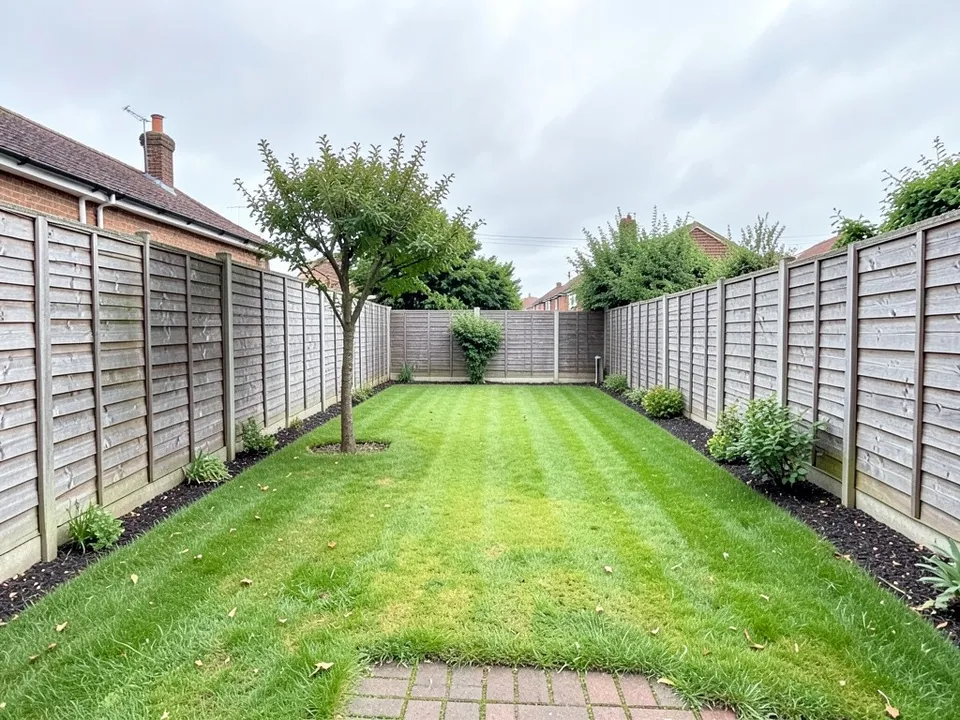 A long back garden with a lawn, panel fences on both sides, a small tree, a brick path in front and an empty far end under an overcast sky