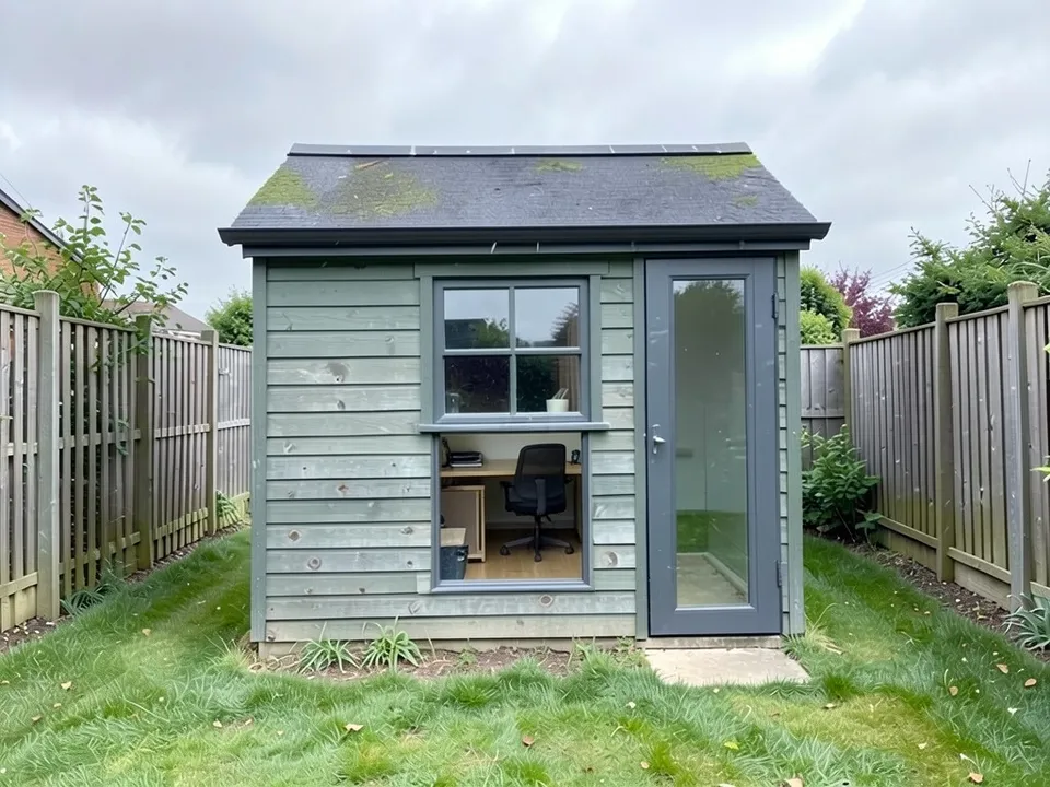 The same shed as a garden office with grey-green painted cladding, a new dark fascia, a larger anthracite-framed window, a tall glazed door, and a desk and an office chair visible inside