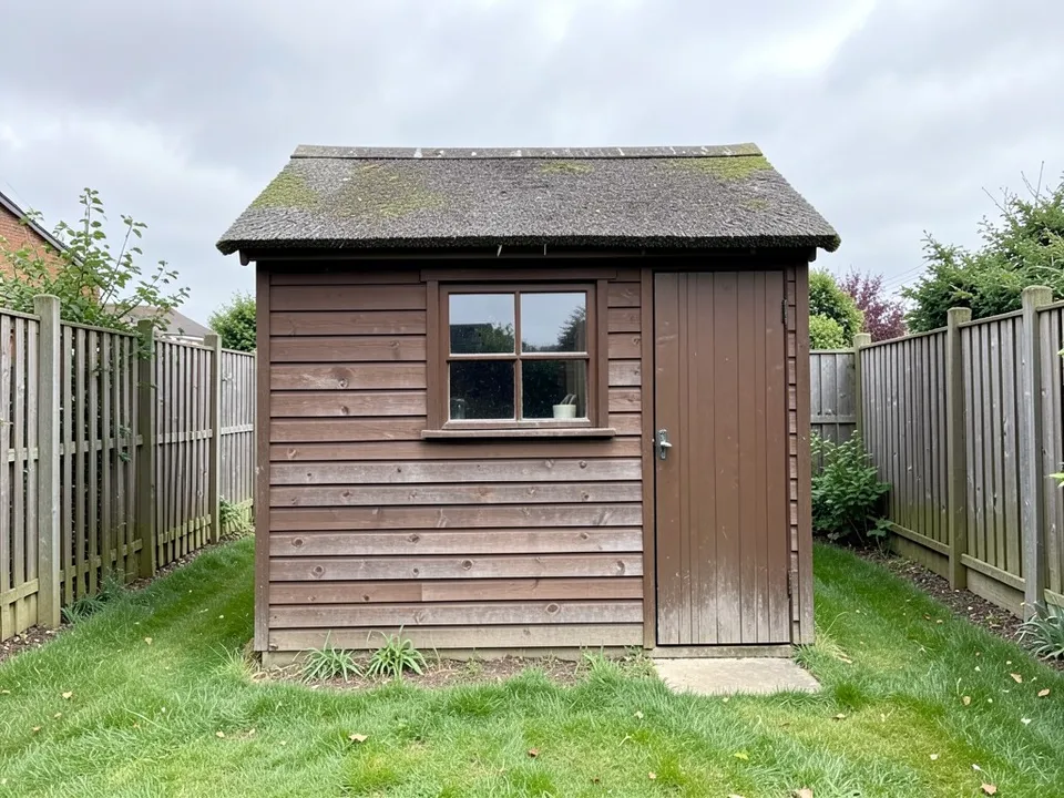An old brown timber shed with a mossy felt pitched roof, a four-pane window and a plank door on a lawn with panel fences under an overcast sky