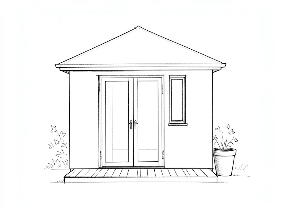 A pencil line sketch of a small garden room with a hipped roof, glazed double doors, a tall narrow window, a small deck and a planter
