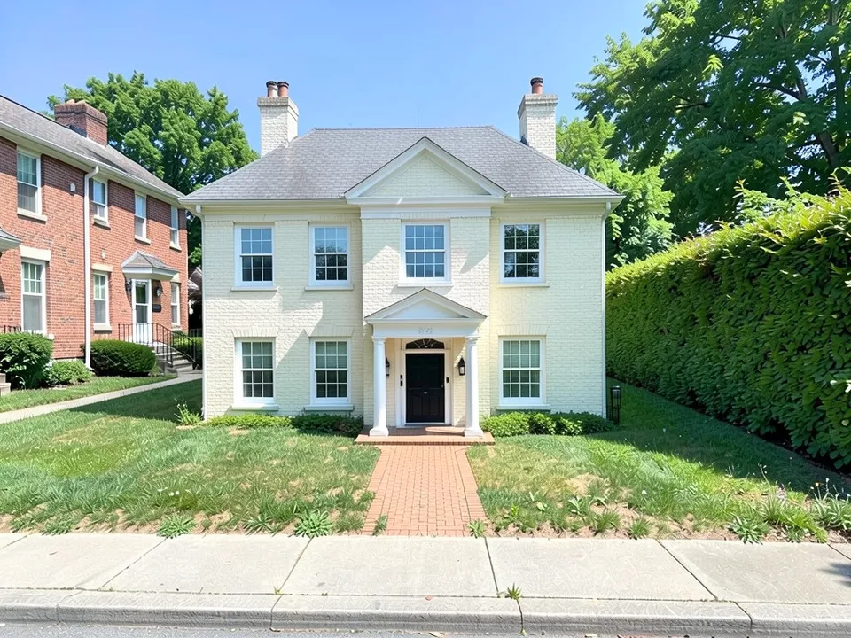 The same lot with a symmetrical two-storey Georgian house in cream painted brick, a hipped grey roof with two chimneys, a white cornice, a portico of two white columns with a pediment, a black door with a fanlight and a brick path