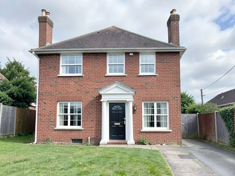 The same brick house made symmetrical, with three white sash windows upstairs, a centred black panelled door with a fanlight under a white pedimented portico, one sash window on each side of it and two brick chimneys