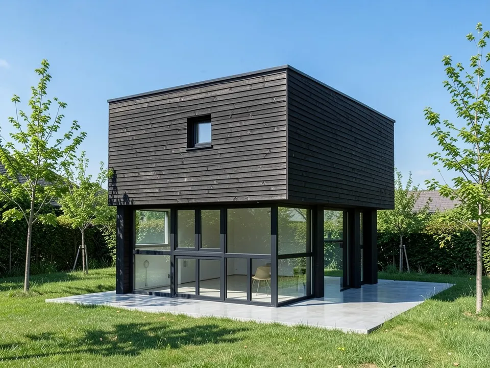 A photo-like render of the same house with a floor-to-ceiling glass ground floor in black frames, an upper box clad in dark charred-look timber, a pale terrace, a lawn, young trees and a blue sky