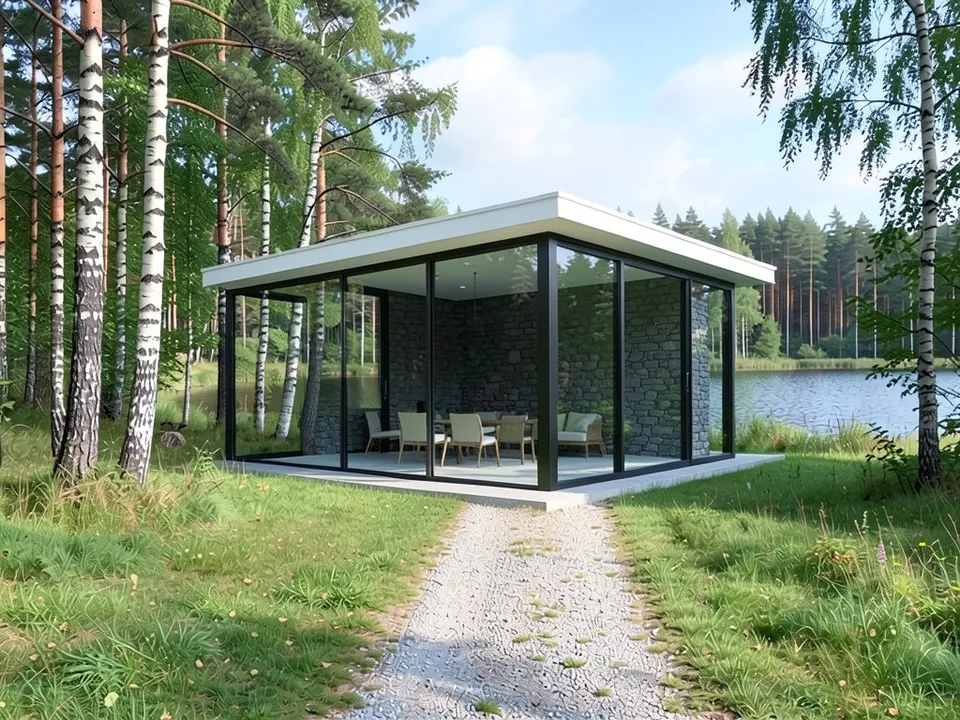 The same clearing with a small single-storey glass pavilion: a thin white flat roof, full-height glass in slim black frames, a dark grey stone back wall, a low pale deck and furniture visible inside