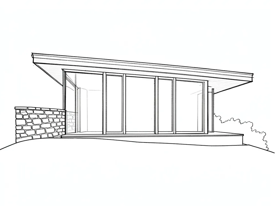 A pencil line sketch of a single-storey glass house with a long flat roof overhang, full-height glass panels, a stone wall at one end and a terrace on a hillside
