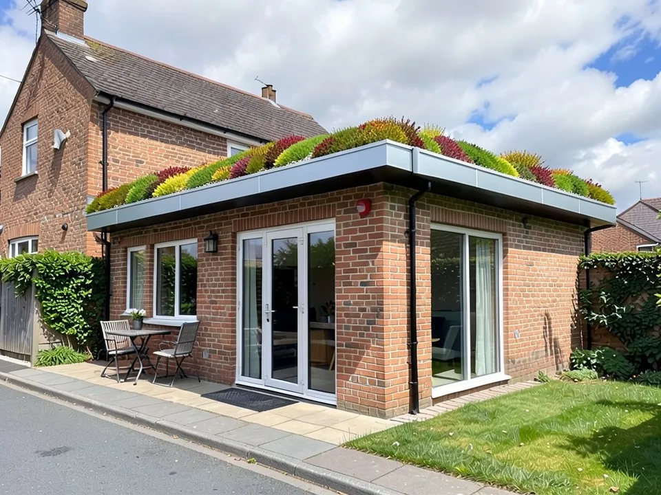 The same extension with its roof covered in green, red and yellow sedum plants and a light aluminium edge trim, with the same doors, patio and lawn