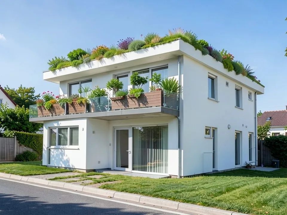 The same house with planters of shrubs and grasses on the first-floor balcony behind a glass balustrade, and flowering plants growing along the main roof