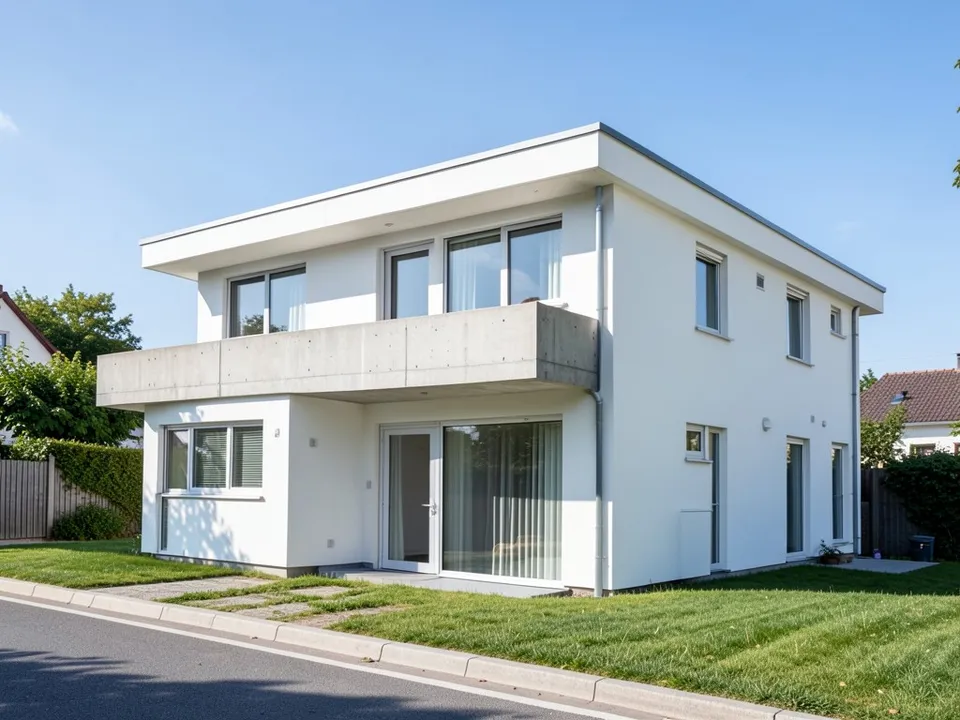 A modern two-storey white house with a flat roof, large windows, a bare concrete balcony across the first floor and a lawn
