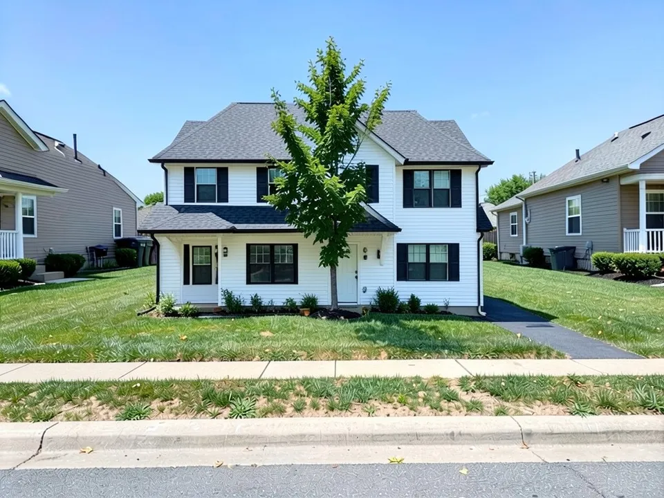 The same lot with a new two-storey house in white lap siding, a charcoal hipped roof with one front-facing gable on the right, black windows and shutters, a lower roof across the front over the entry and a driveway on the right