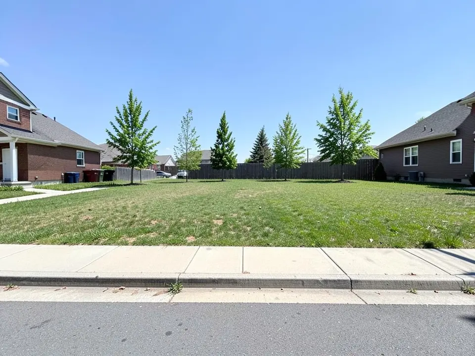 An empty flat suburban plot with short grass and a few young trees at the back, a sidewalk and a street in front, and neighbouring houses at both edges