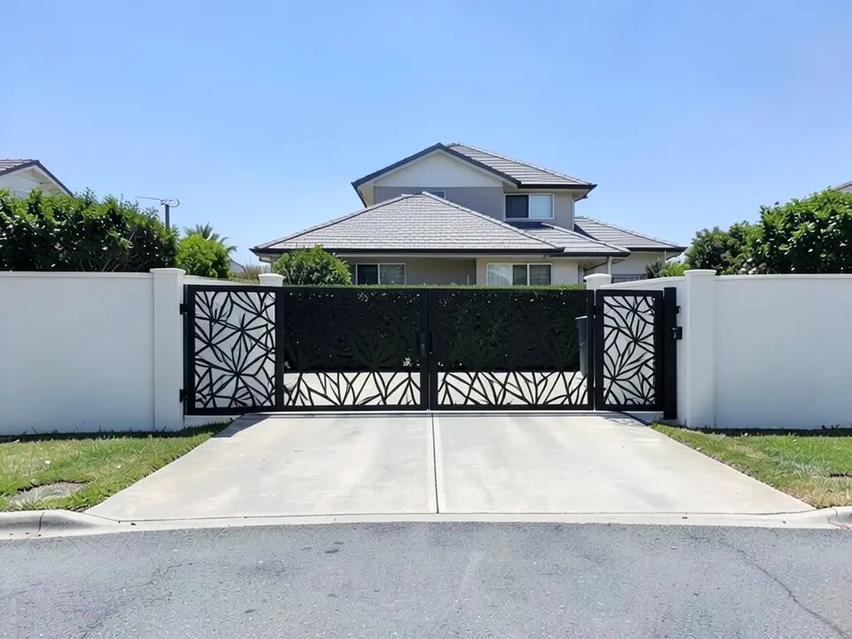 The same entrance with a black laser-cut metal gate with a leaf pattern across the driveway opening, with the white wall on both sides