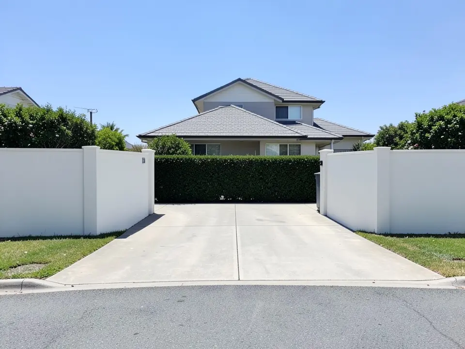 Street view of a plain white boundary wall with a wide open driveway entrance, a green hedge and a grey-roofed house behind