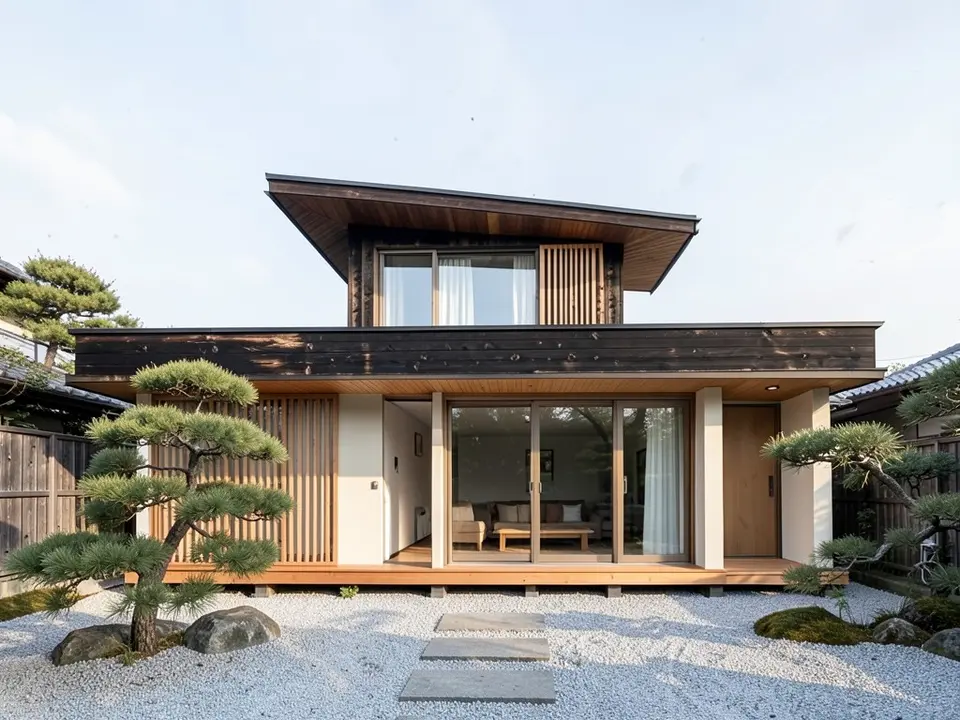 A photo-like render of the same house with a dark timber upper volume under a deep overhanging roof, pale plaster and timber louvres on the lower volume, sliding glass doors onto a raised timber platform, and a gravel court with stepping stones, boulders and two pine trees