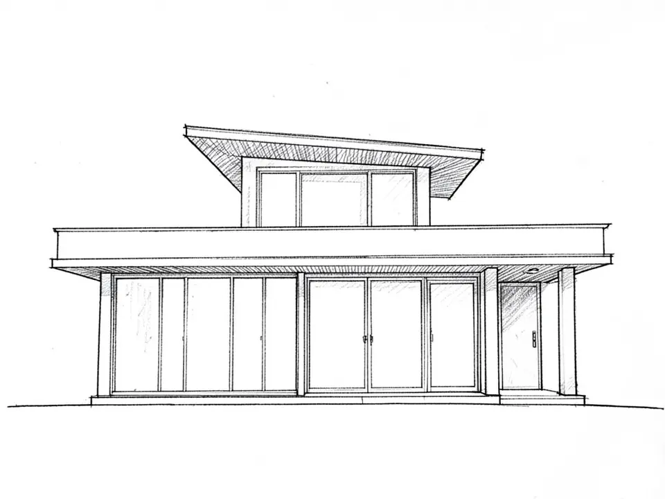 A black pencil line sketch on white paper of a modern house of two long volumes: a lower flat-roofed volume with a wide glass wall and a covered entrance, and a smaller upper volume set back with a deep slanted overhanging roof