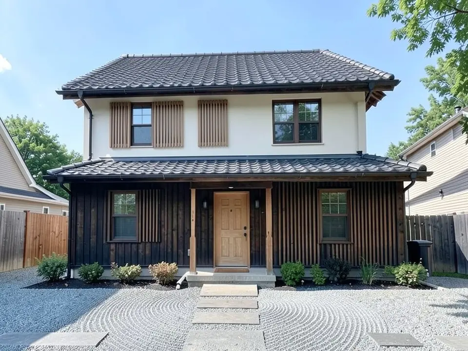 The same house with a dark tiled hipped roof with wide eaves, a second tiled eave over the ground floor, dark vertical timber cladding on the lower floor, pale plaster on the upper floor with timber louvred panels beside the windows, a timber front door and a raked gravel court with stepping stones in place of the lawn