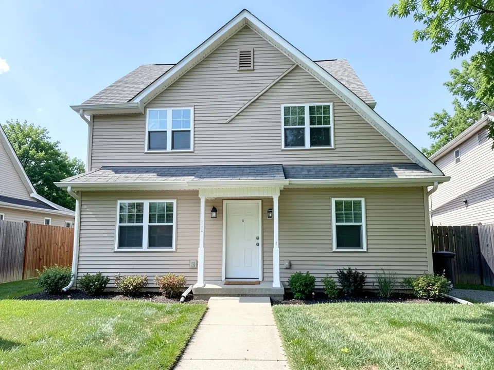 Front of an ordinary two-storey house with beige horizontal siding, a steep gable roof with grey shingles, a small porch on thin white posts, white-framed windows, a lawn and a concrete path