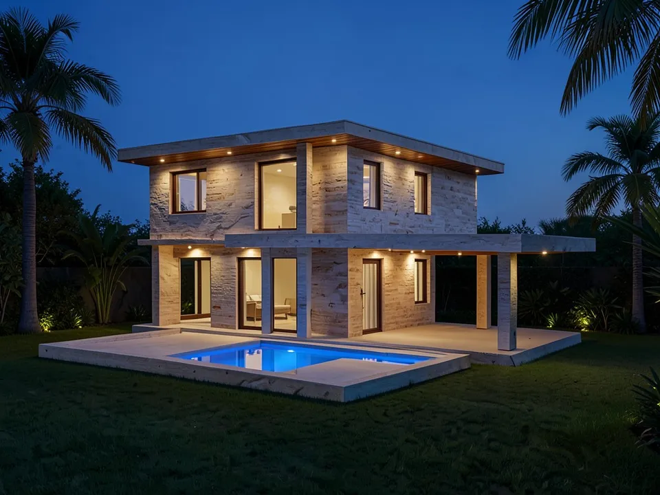 A dusk render of the same house with travertine walls, dark window frames, wood soffits with glowing recessed lights, a blue-lit pool, a lawn, palm trees and a deep blue sky