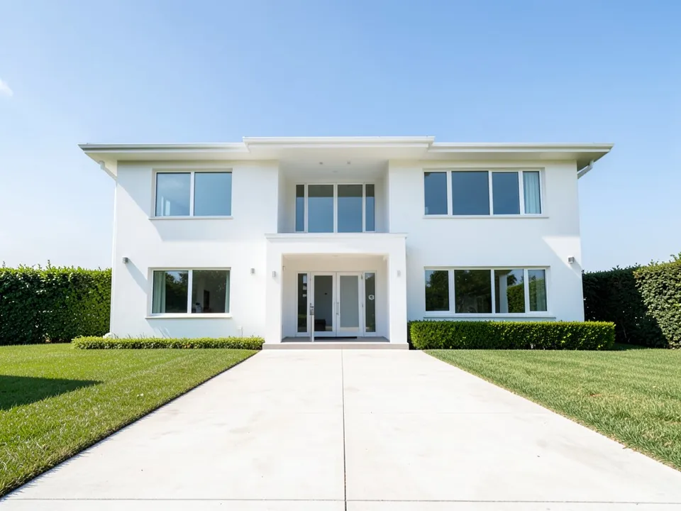 A white modern two-storey house with a flat roof, a central entrance bay, a driveway, a lawn and hedges in daylight