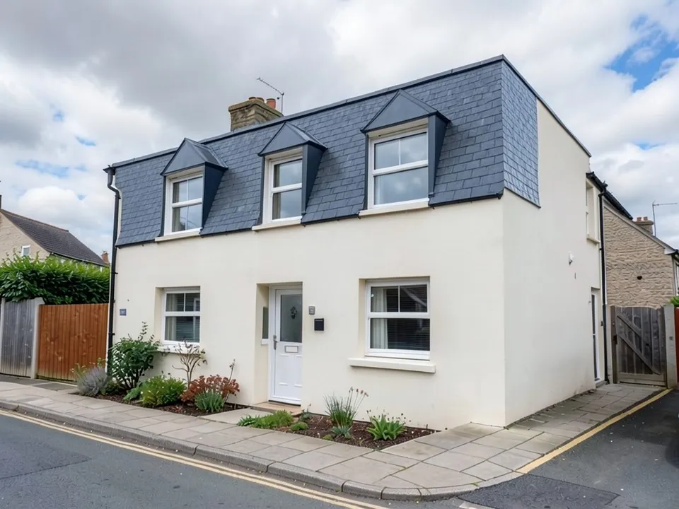 The same house where the front of the upper floor is now a steep dark grey slate mansard slope with three white framed dormer windows, above the same ground floor, garden and pavement
