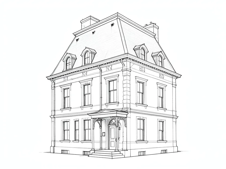 A black pencil line sketch of a symmetrical Second Empire style house with a tall mansard roof, arched dormer windows, tall windows on two floors and a central front porch with brackets