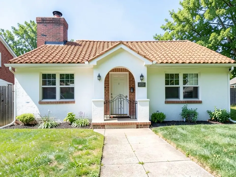 The same house with white stucco walls, a terracotta tile roof, an arched entry with the brick still showing inside it and a small curved iron gate in front of the door, and low white pillars on each side of the entry