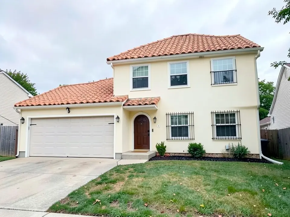 The same house with smooth cream walls, a terracotta tile roof, an arched dark wooden front door, black bars over the two ground-floor windows and a small black railing at the upper right window, with the same garage door, lawn and driveway