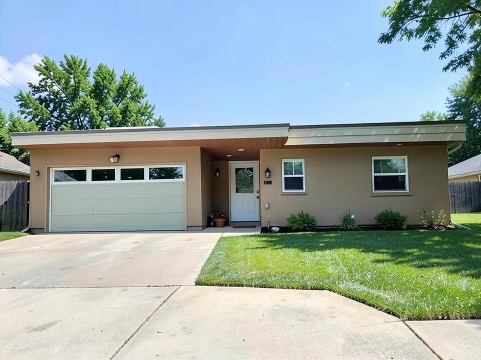 The same house with a flat roof with a thin edge and a deeper overhang above the entrance with a timber underside, the garage door now white with a row of glass panes, and the walls, the windows, the lawn and the driveway unchanged