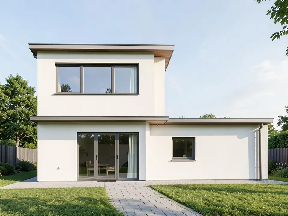 A photo-like render of the same house in smooth off-white walls with dark grey window frames, thin flat roof edges with a timber underside on the taller box, glass doors on the ground floor, a small square window on the low box, a paved path, a lawn, a fence and trees