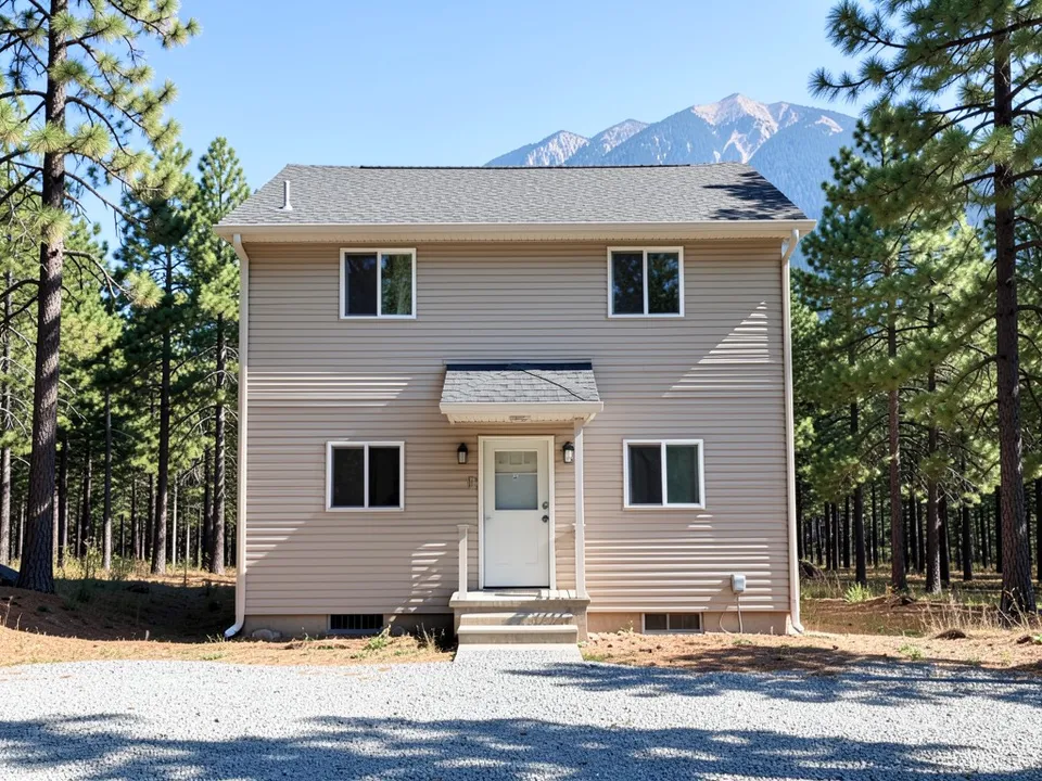 A beige vinyl-sided two-storey house with a shingle roof, small windows and a small entry canopy on a gravel drive among pines, with peaks behind