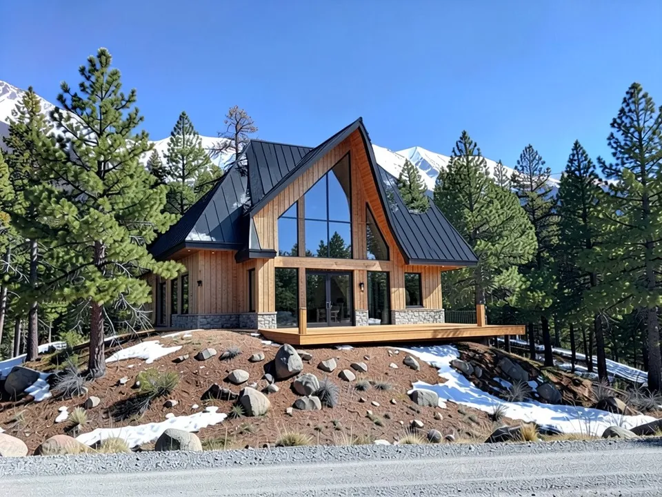 The same plot with a modern mountain house with a steep black standing-seam gable roof, a tall triangular glass front gable, vertical natural timber, a low stone base, a timber deck and wood soffits