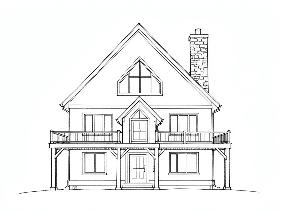 A pencil line sketch of a two-storey mountain house with a steep main gable and a triangular window, a small entry gable, a stone chimney and a deck on braced posts