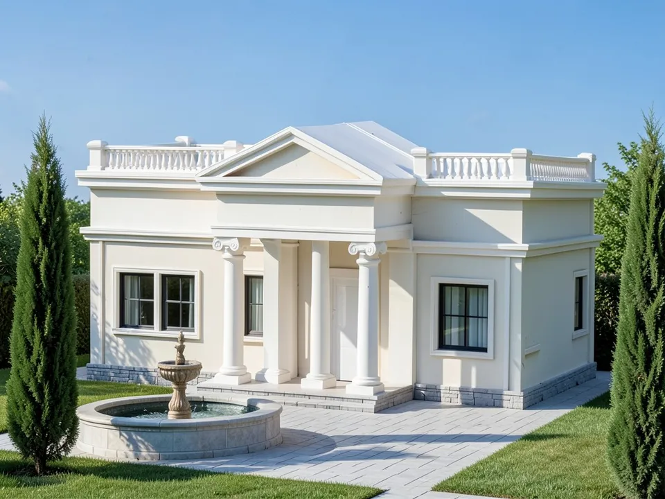 A photo-like render of the same villa with off-white stucco, white columns and pediment, dark-framed windows, a grey stone base, a fountain in a paved forecourt, cypress trees, lawns and a blue sky