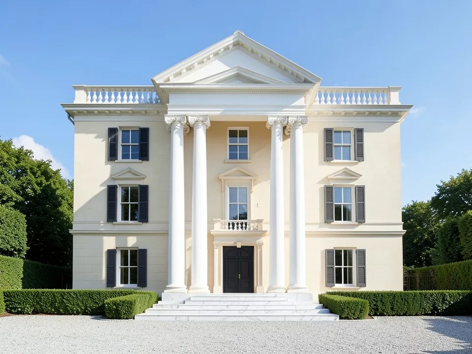A photo-like render of the same house in cream stone with white Corinthian columns, a white pediment, white windows with dark grey shutters, a black double door, wide white steps, clipped hedges, a gravel forecourt and a blue sky