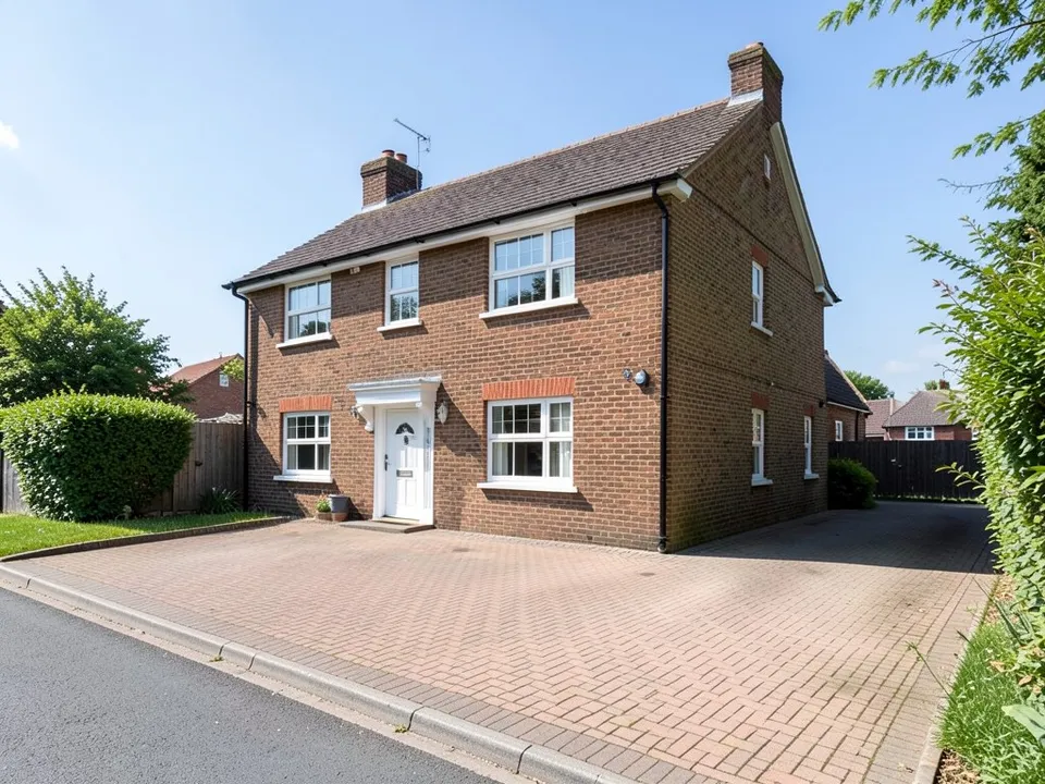 A large two-storey red brick house with a white front door, white windows, a block paved driveway in front and hedges