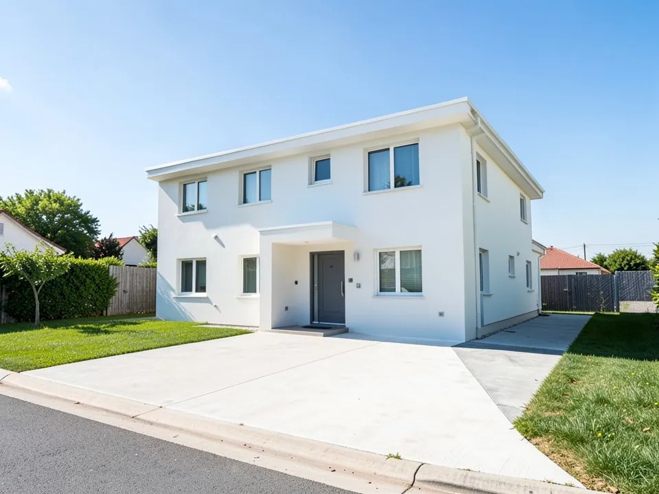 A modern two-storey white house with a flat roof, a grey front door under a small canopy, a wide concrete driveway and a lawn