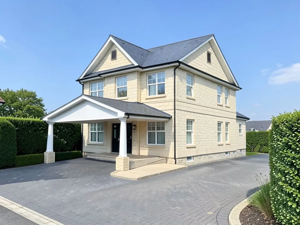 A photo-like render of the same house in cream stone with a dark slate roof, a gabled covered entrance on white columns, a black front door, a paved driveway and clipped hedges