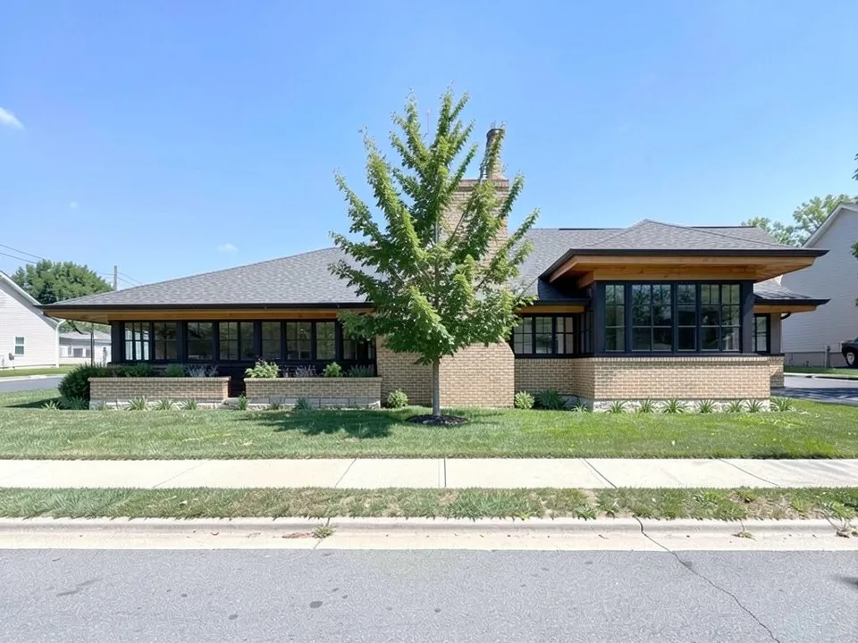 The same lot with a long low Prairie style house behind the tree: low hipped roofs, deep eaves with wood soffits, buff brick walls, long bands of black-framed windows, brick planters and a brick chimney