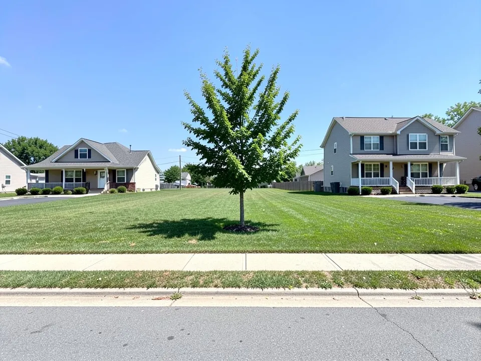 An empty mown lot with a young tree, a sidewalk, a street and suburban houses